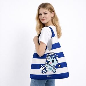 Tokidoki Tote Bag Blue White Stripe Unicorno Canvas Shoulder Bag Travel Shopper